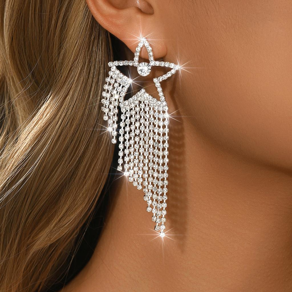 New trendy full diamond irregular tassel hollow star earrings, sweet and romantic cute earrings with accessories
