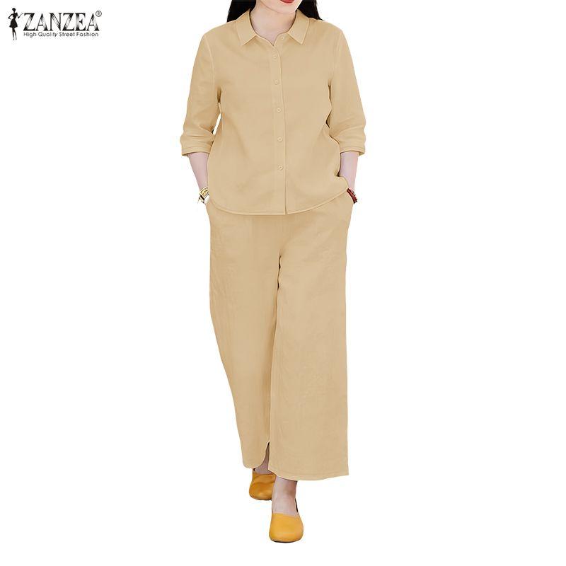 ZANZEA Women 3/4 Sleeve Blouse and Pants Casual Two Piece Suit Set