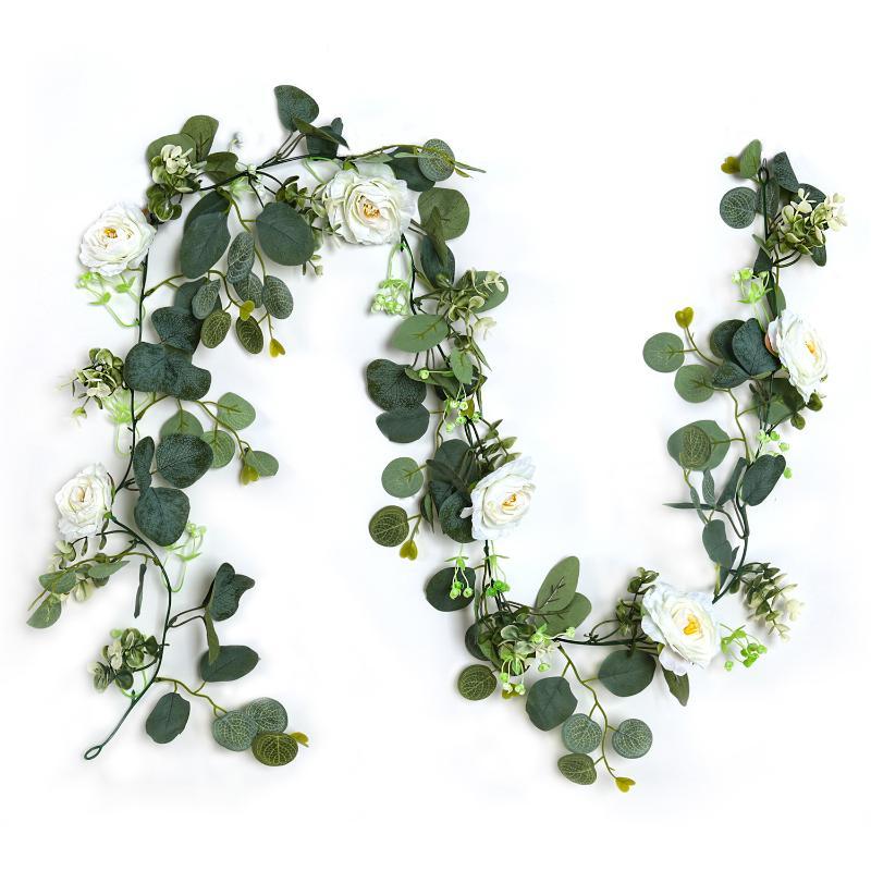 2Pcs Artificial Eucalyptus Vine With White Flowers Faux Greenery Garland For Wedding Arch, Wall And Party Decoration