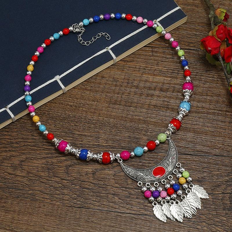 1PC Ethnic Multicolor Long Chain Boho Stone Beads Jewelry Accessories Leaf Red Stone Alloy Carving Gaskets Tassel Necklace