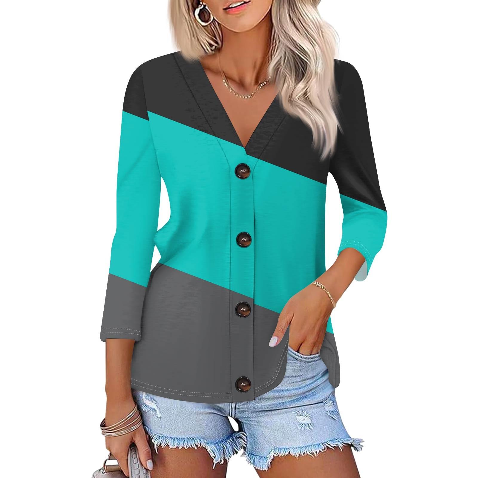 

Женская модная повседневная рубашка на пуговицах с геометрическим принтом в полоску, топ-кардиган с рукавом три четверти XL циан