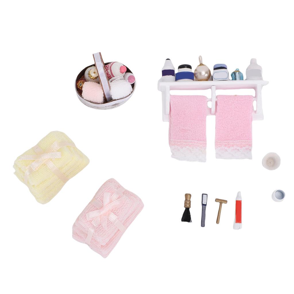 1:12 Scale Miniature Bathroom Accessories Life Scene Model Towel Pile Bathroom Shelf Basket Mini House Decoration