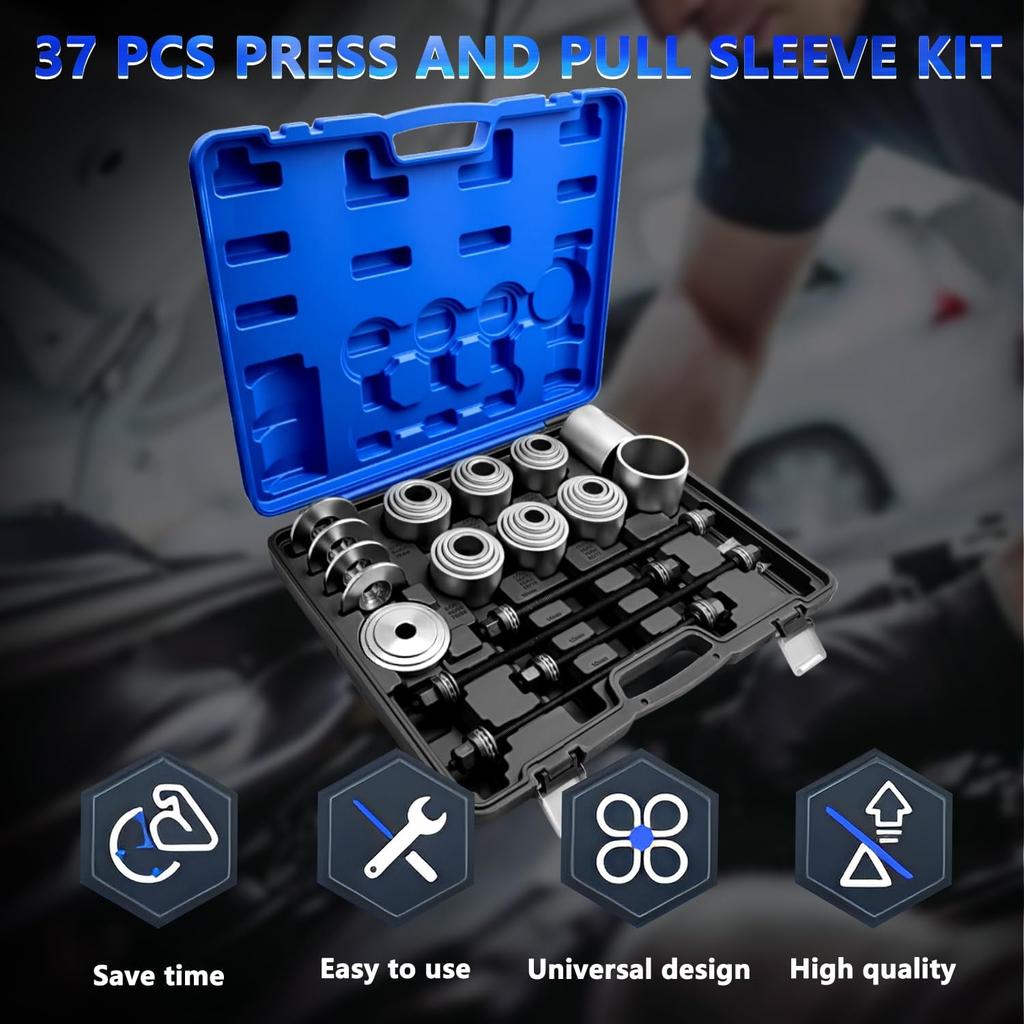 37Pcs Pull & Press Sleeve Kit, Universal Seal Bearing Bushing Tool Kit with 4 Spindles & Case