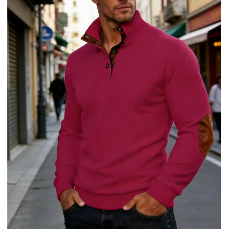 Men Stand Collar Elbow Patch Jacquard Casual Knit Sweater