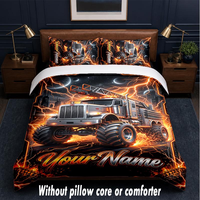 Set de așternut cu tematică Monster Truck, text sau nume personalizat, 3 piese, 1 cearșaf plat și 2 fețe de pernă, așternut personalizat pentru casă