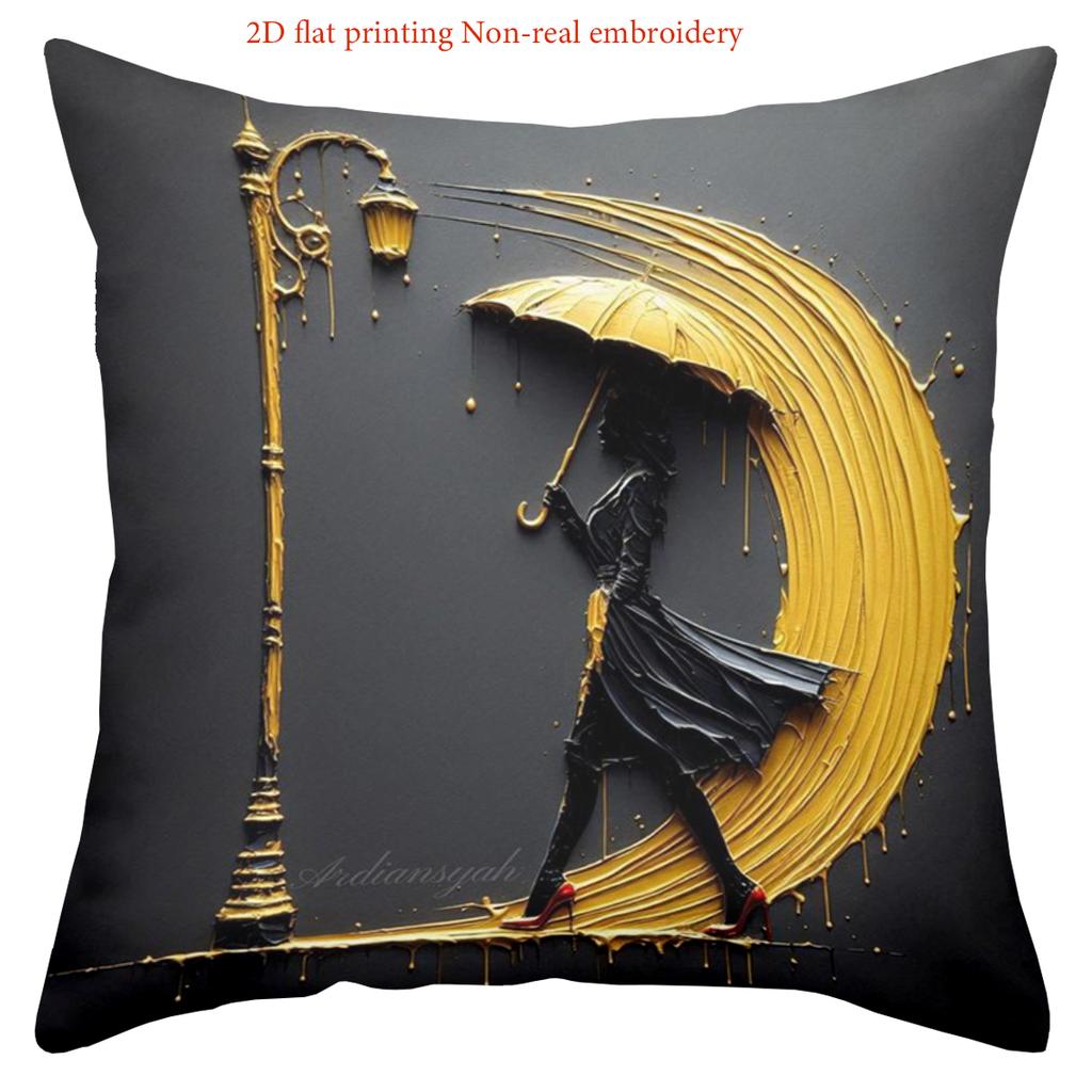 Stylish Women with Umbrellas on Black Pillows 2D Printed Polyester pillowcase, sofa decorative cushion cov Headboard Pillow