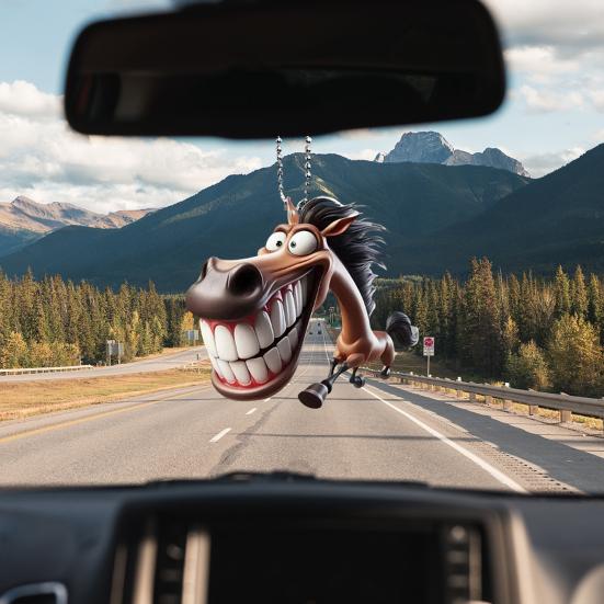 Funny 2D Horse Car Pendant Cartoon Prank Flat Decoration Acrylic Vehicle Interior Decor Ornament