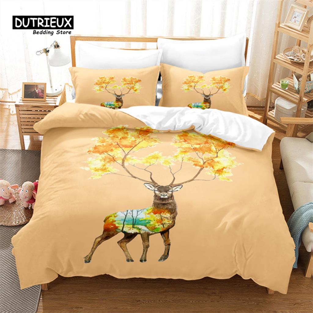 Cartoon Elk Duvet Cover Giraffe Deer Bedding Set Full For Kids Teens Room Decor Wild Animal Floral Quilt Cover With Pillowcases