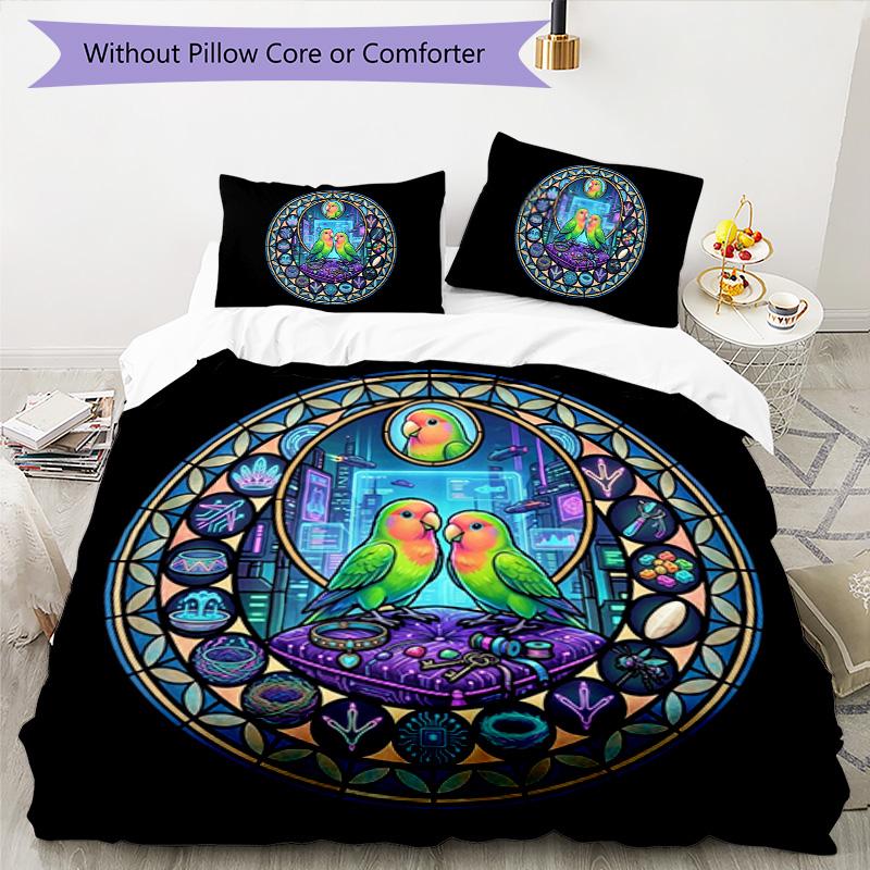 Cybernetic Parrot Window Pattern Bedding,Quilt Set Quilt Cover Pillowcase Home Birthday Gift (1 * duvet cover + 2 * pillowcase, without core)