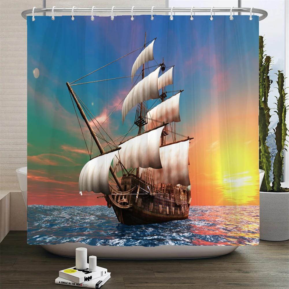 Sunlight Ocean Scenery Shower Curtains Decoration Waterproof Fabric Sunset Dusk Sea Dolphin Cowboy Bath Curtain Bathroom Screen