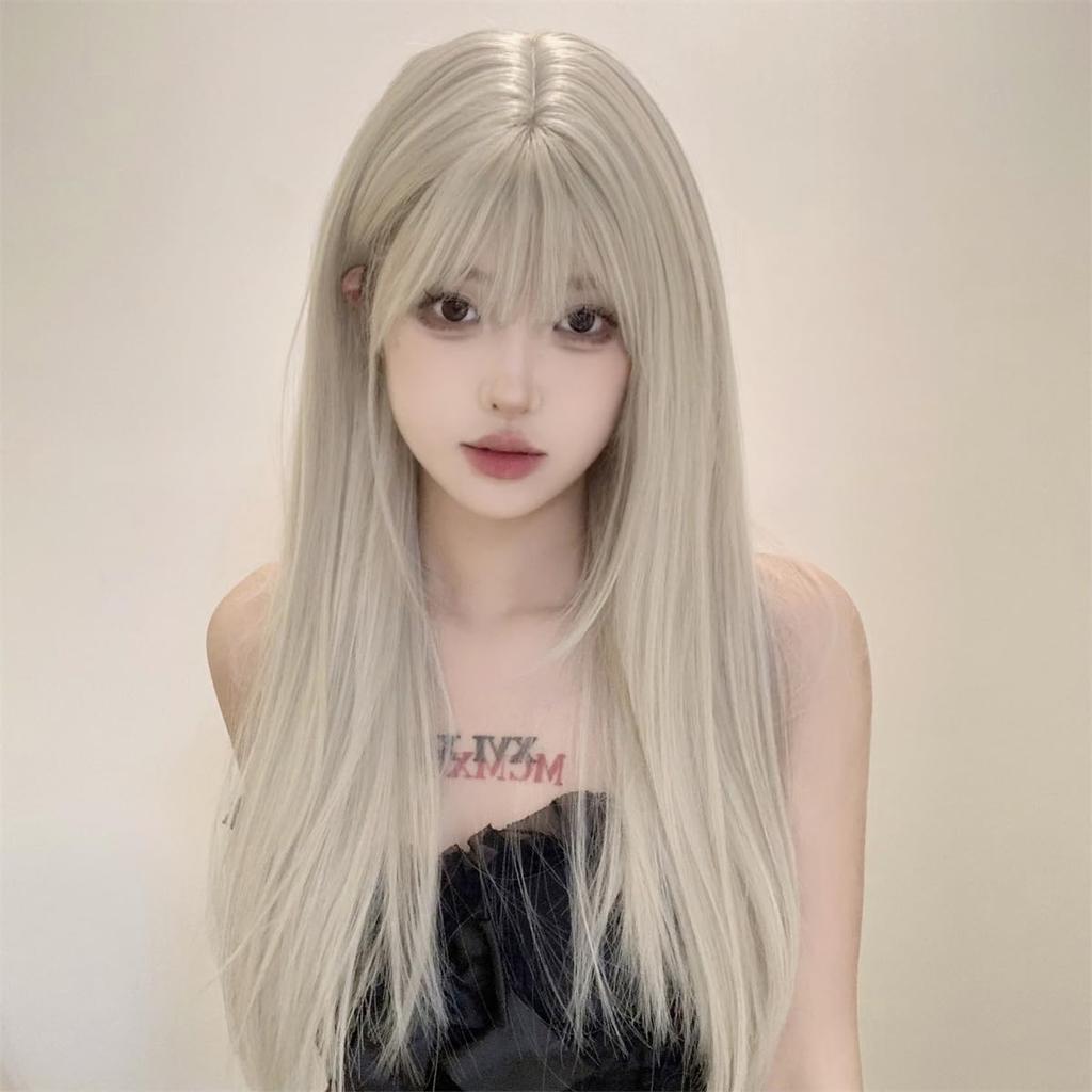 Sizuuenn Long Hair Lady Long Straight Bangs Blonde Platinum Off Gold Wig Small Face Natural Heat Resistant Wig High Temperature Hair Thread Cosplay