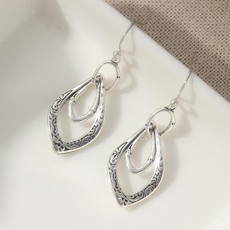 Retro Hollow Carved Silvery Plated Dangle Earrings for Women Geometric Ethnic Irregular Pattern  Jewelry Accessories Gift