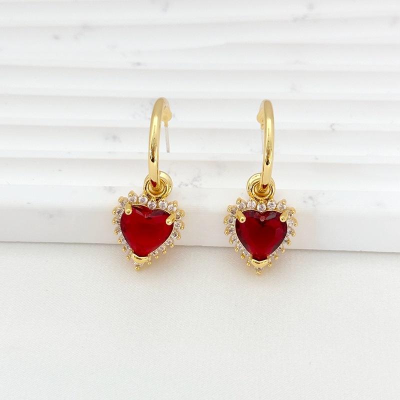 Manufacturer Supply French Fashion In Needle Earrings Women'S Red Zircon Love Earrings Earrings Spot