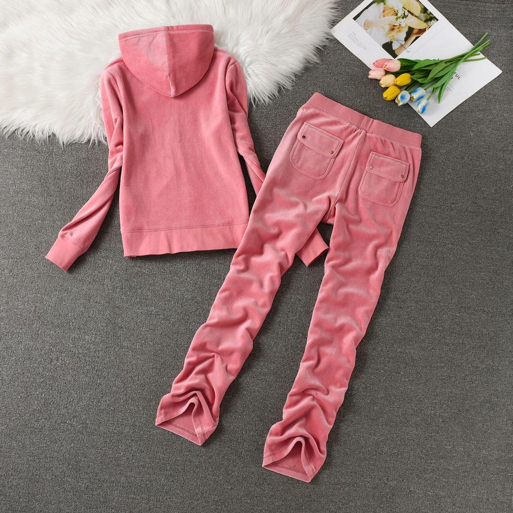 Velvet Sportswomen's Fashionable Hooded Cardigan & Wide-Leg Pants Slim-Fit Two-Piece Set.