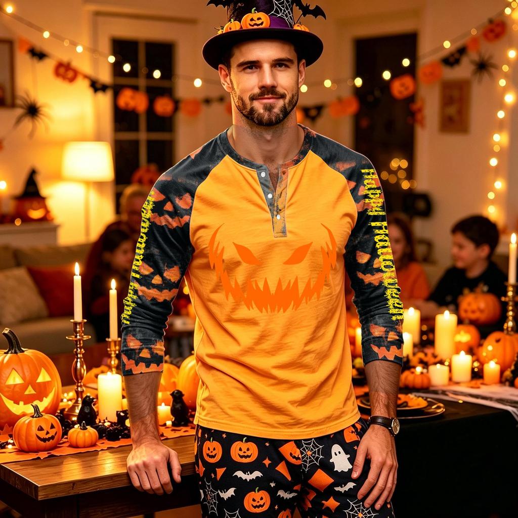 Men's Long Sleeve Shirt with Halloween Print for Holiday Parties and Casual Wear