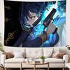 Blue Hair Anime Girl Tapestry Cool Action Character with Gun Print Wall Hanging for Teen Bedroom Game Room Decor