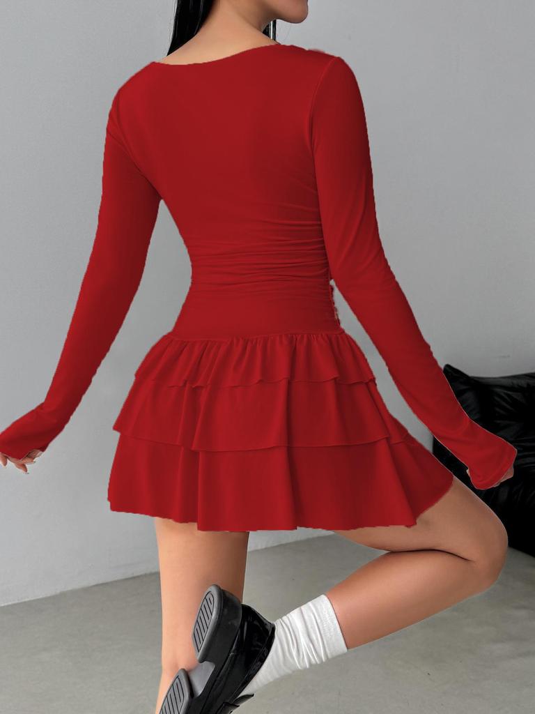 Cross-border Women's Autumn/Winter Long Sleeve Mini Dress - Elegant & Slimming Solid Color Design