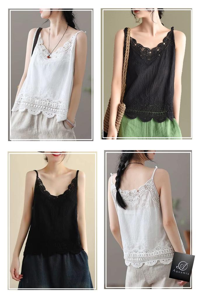 Aquamie Cotton Camisole with Cute and Layering Tank Summer Cami Underwear Women's Lace, Visible, Top, (White)
