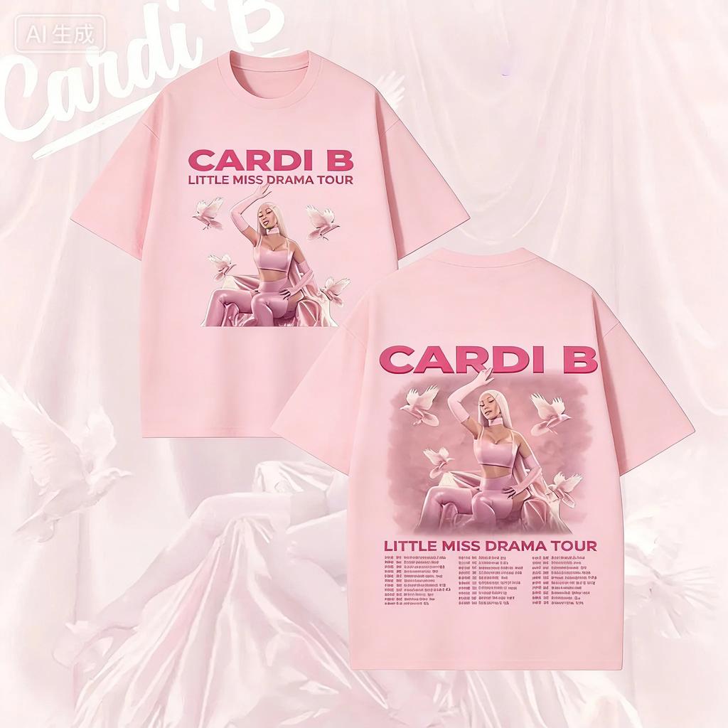 Black Double-Sided Cardi B "Little Miss Drama Tour" T-Shirt with Pink Portrait and Full Tour Dates Print for Hip-Hop Fans