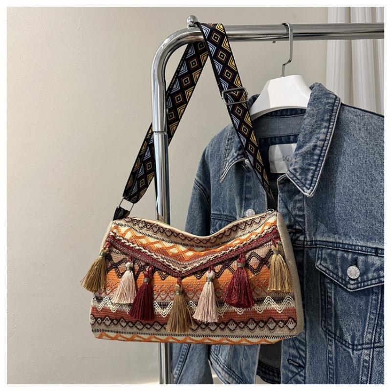 Simple and Fashionable Ethnic-style Bag with Tassels and Diamond-shaped Single-shoulder Crossbody Bag