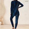 Women Plus Size Round Neck Long Sleeve Navy Blue Printed Longline Top Fitted Pants Set