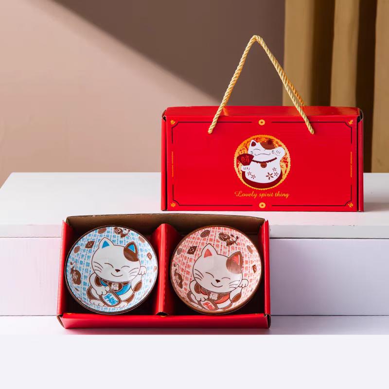 Lucky Cat Blue & White Ceramic Bowl Gift Set