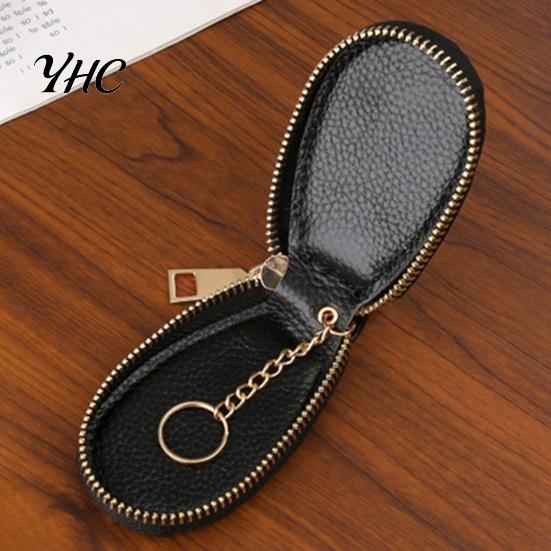 Car Key Holder Faux Leather Case with Hanging Buckle Keyring Chain Portable Fob Remote Zipper Bag Protector Pouch Wallet Cover