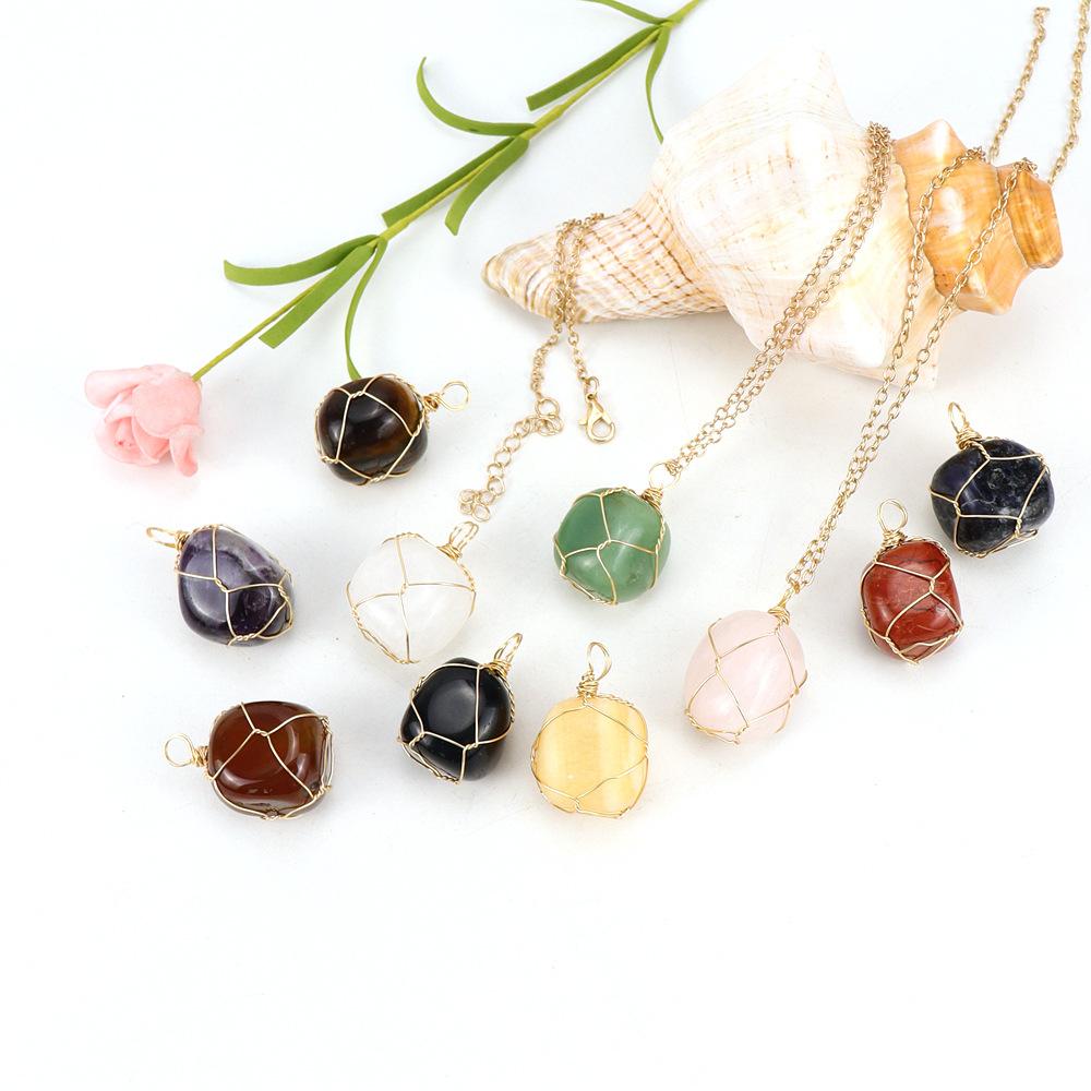 Handmade Gold Wire Winding Irregular Conformal Natural Stone Crystal Rough Stone Pendant Necklace N661