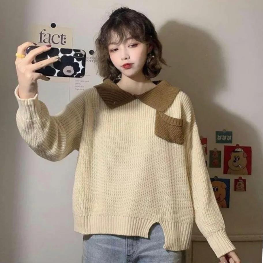 

Women s Student Korean Style Trendy Top Autumn Winter Color Block POLO Collar Loose Lazy Style Long Sleeve Sweater S