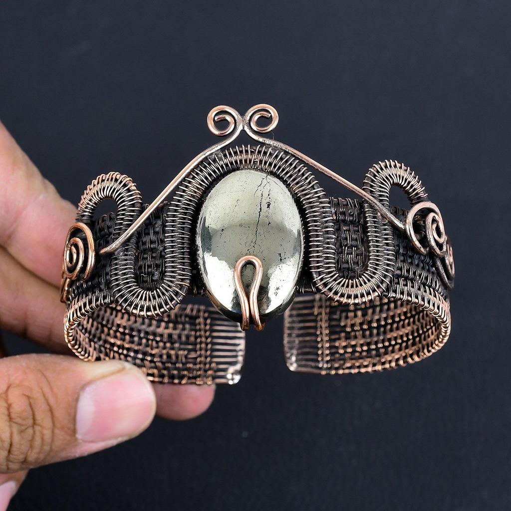 Golden Apache Pyrite Bangle, 999 Copper Wire Wrapped Jewelry, Gemstone Bangle Gift For Her Handmade Dainty Cuff Jewelry