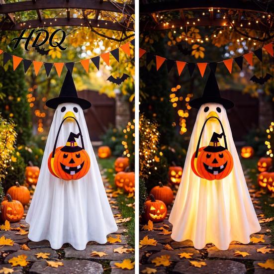 Spooky Holiday Atmosphere Apparel Halloween Glowing Ghost Costume with Witch Hat & Pumpkin Tote Bag LED Party Dress Light Up Fabric Outfit for Kids,