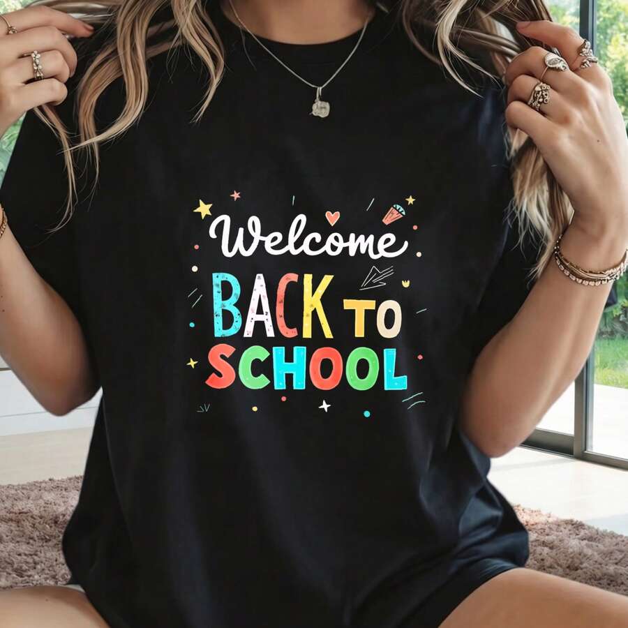 Women's Welcome Back To School Graphic Print T‑Shirt Crew Neck Short Sleeve Student Gift Casual Tee Top