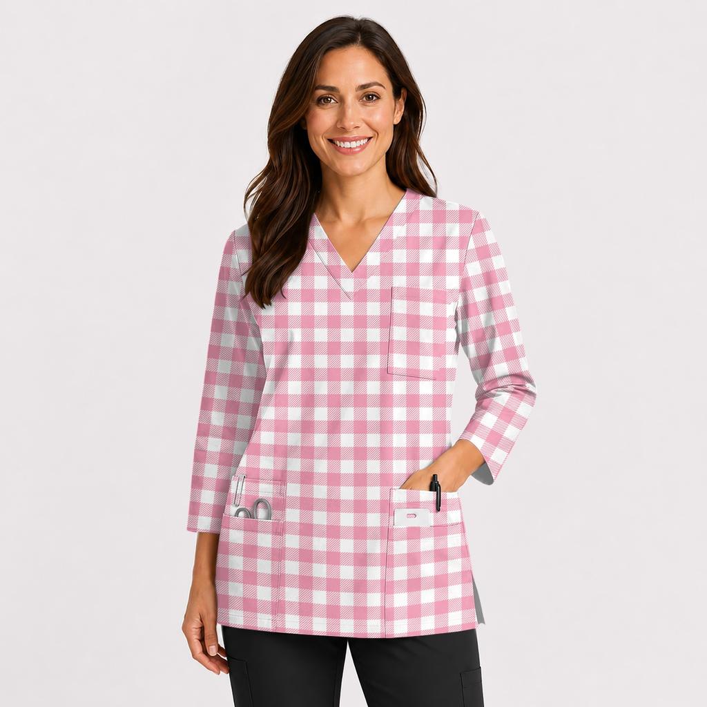Women's V-Neck Scrub Top with Pockets and Side Slits, 3/4 Sleeve Uniform Work Top