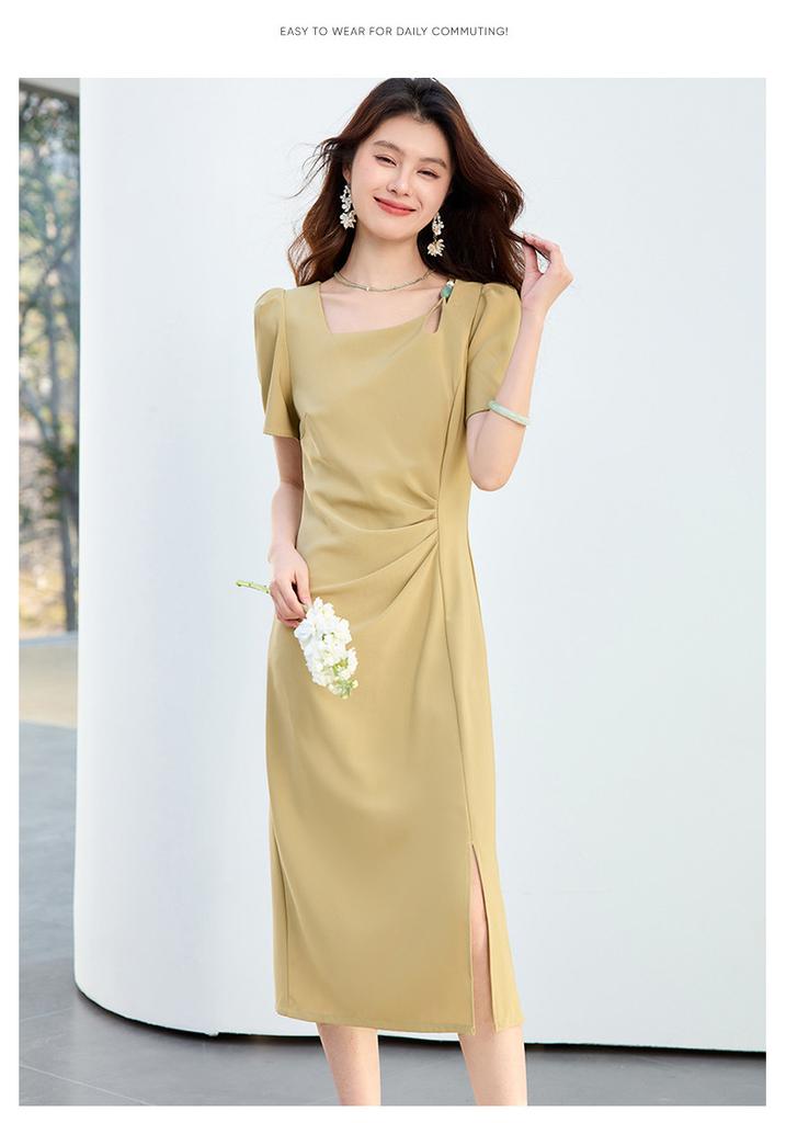 26 Year New Summer Pleated Waist Slimming and Slimming Mid Length Skirt Versatile and Elegant Slit Short Sleeved Skirt Dress