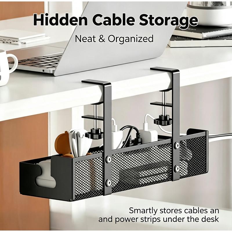 Under Desk Cable Management Tray No Drill Steel Wire Organizer Rack with Clamp Desk Cord Manage Tray for Home Office Computer
