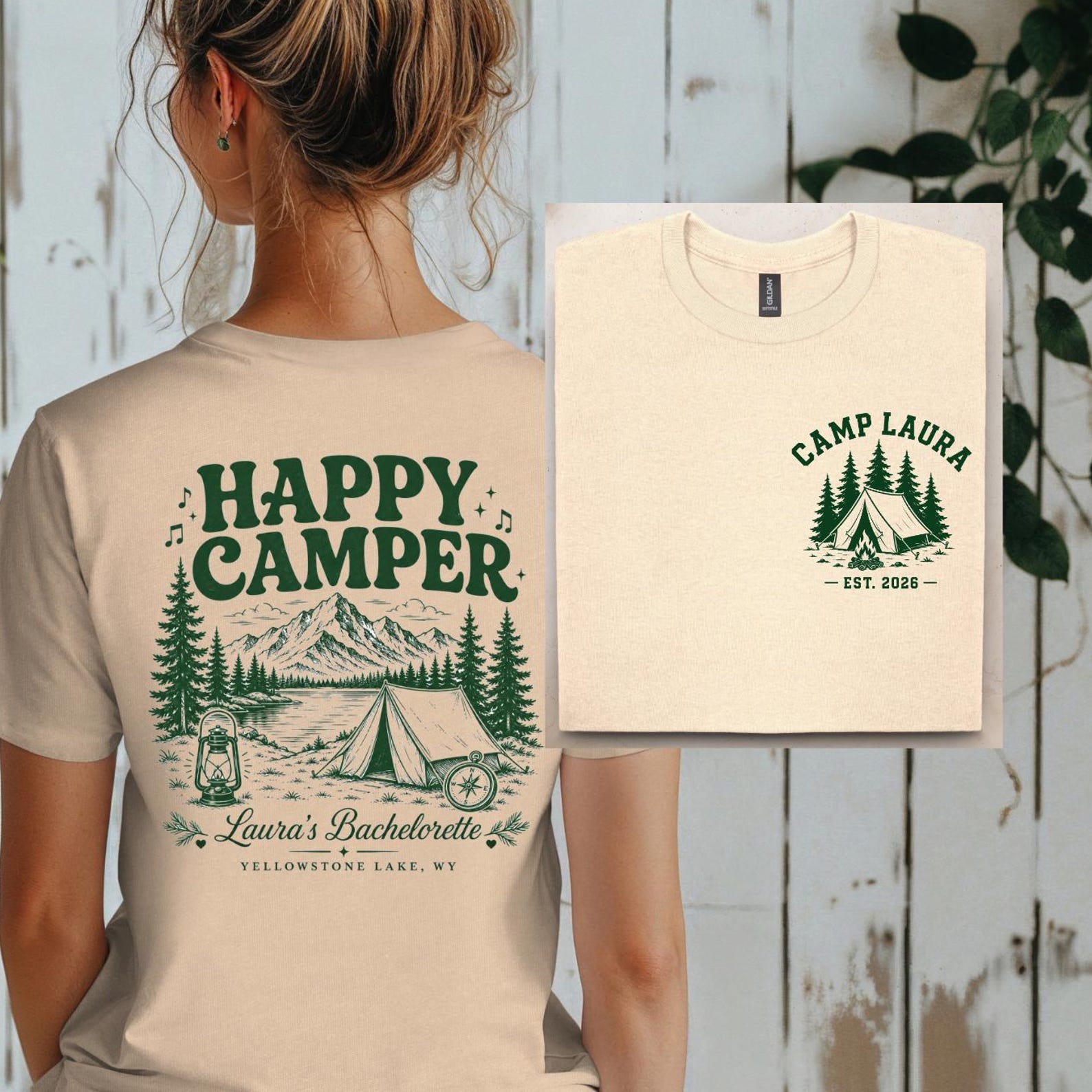 Personalized Happy Camper Shirt, Bachelorette Camping Tee, Custom Camp Shirt, Bride Weekend T shirt, Girls Trip Tee, Mountain Camp T shirt L