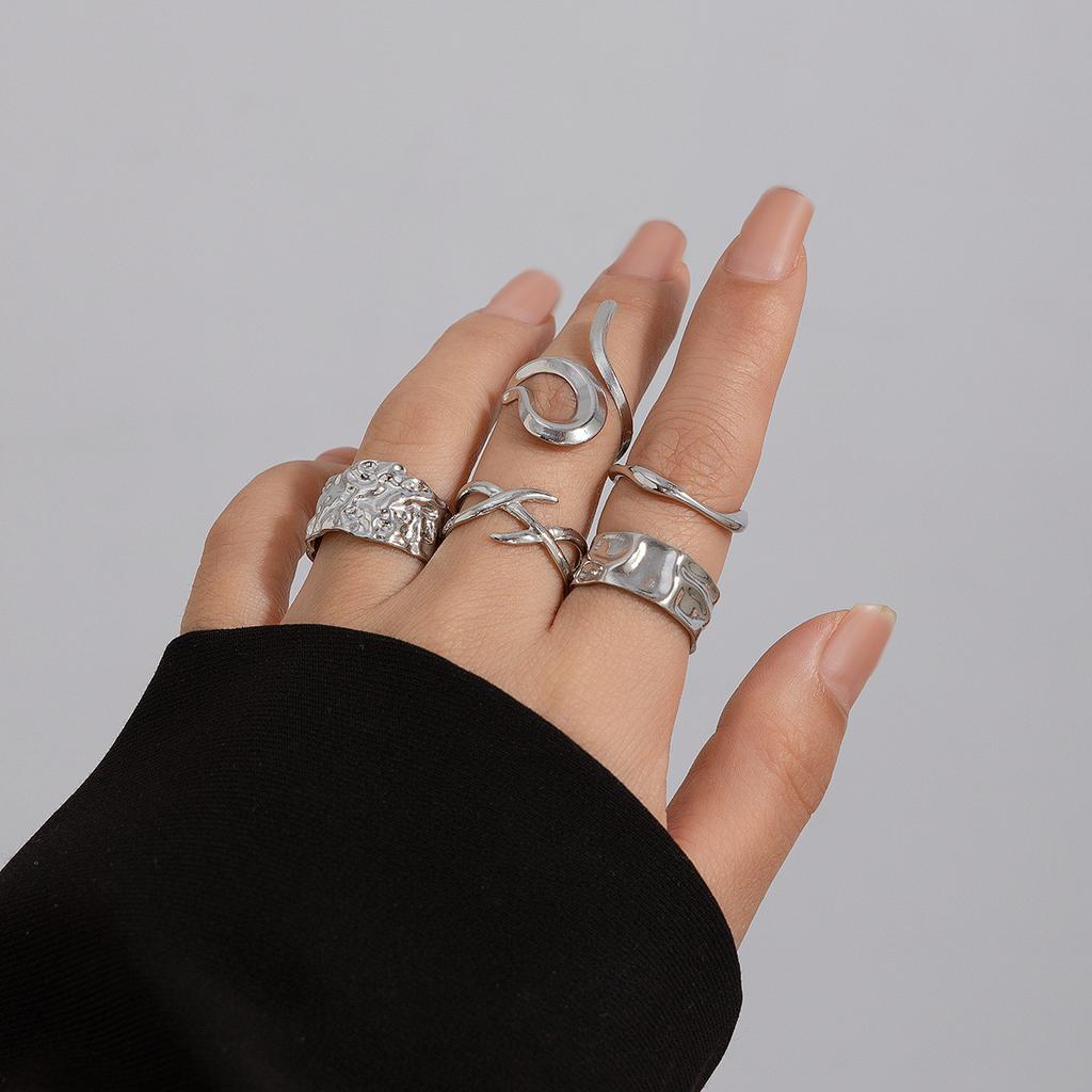 Irregular Smooth Opening Design Ring Set, Exaggerated Metal Wind Lava Retro Ring Rings