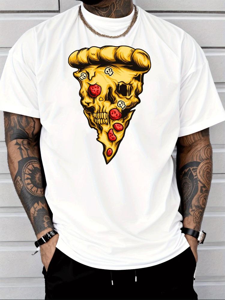 Unisex White Crew Neck Tee Skull Pizza Slice Graphic Print Loose Oversized Short Sleeve Unisexs Streetwear Summer Casual Basic Top