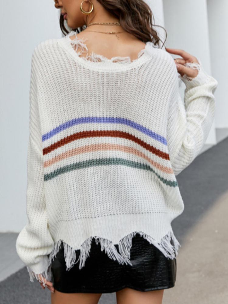 Women's loose fitting short V-neck sweater with autumn and winter tassel knit sweater