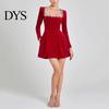 Long Sleeve Mini Dress Women Square Collar Beaded Flower Decor Formal Short High Waist Above Knee Length