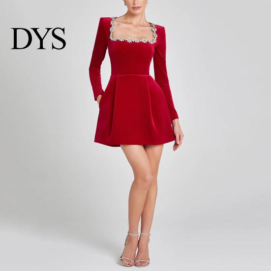 Long Sleeve Mini Dress Women Square Collar Beaded Flower Decor Formal Short High Waist Above Knee Length