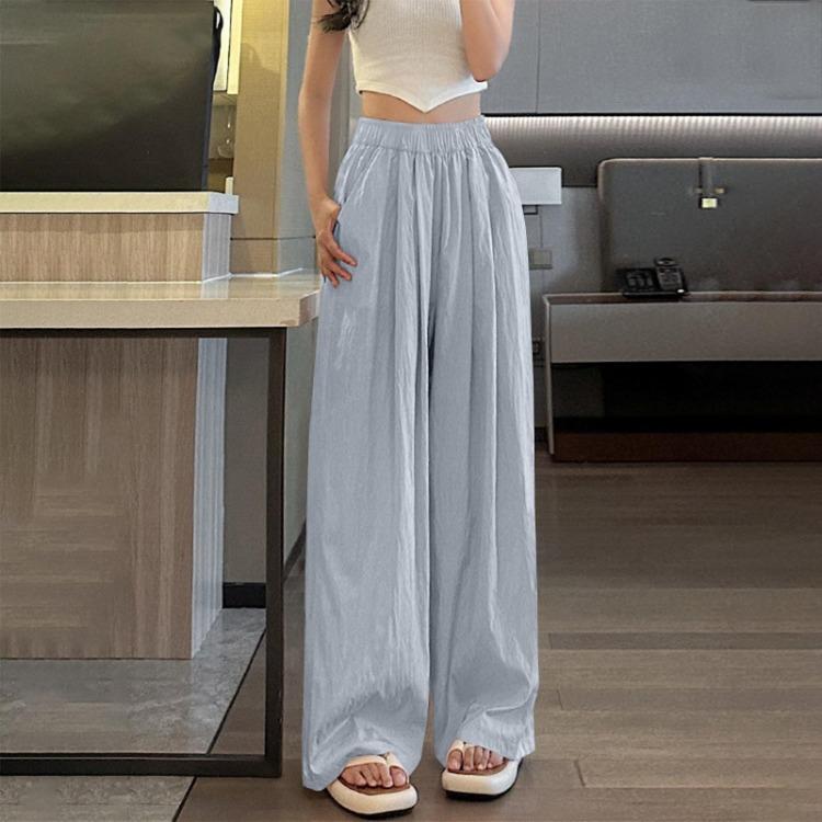 Ice Silk Womens Casual Wide Leg Pants Loose Solid Color Wrinkled