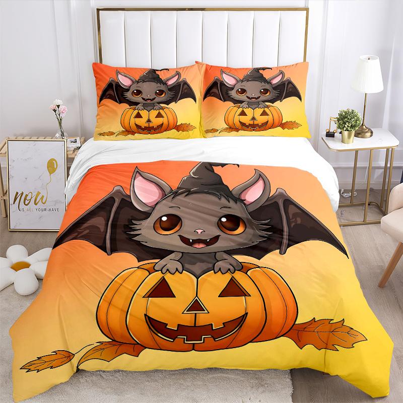 3pcs Lovely Wizard Bat and Halloween Pumpkin Cartoon Design Quilt Set - Soft and Comfortable Bedroom, Guest Room and Dorm Decor Bedding Set 1 Qui