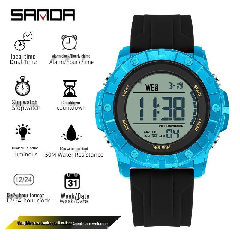SANDA Stylish Waterproof Multifunction Sports Electronic Watch with Silicone Strap for Students