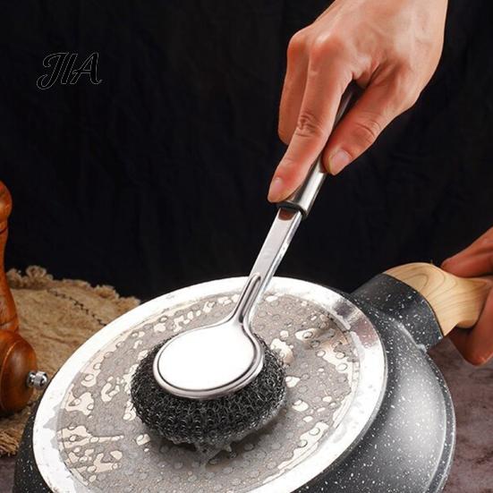 Non Scratch Wire Brush Stainless Steel Wool Scrubber with Long Handle, Deep Cleaning Heavy Kitchen Sink Duty Scrub Brush, Non-Scratch Pot Scouring