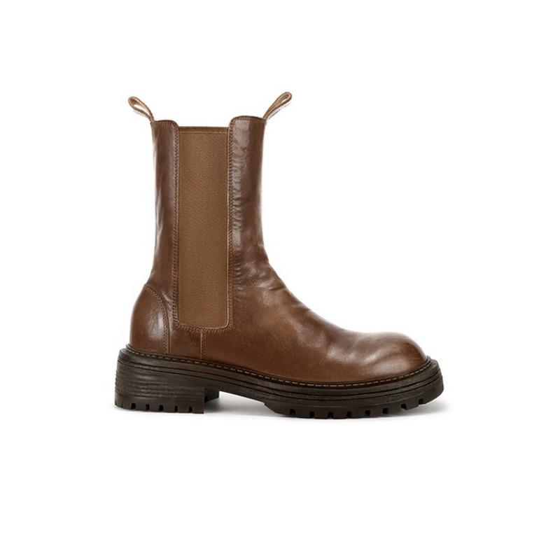 [] Women's Boots~ Washed Horse Pattern Folded Thick-soled Chelsea Elastic Martin Short Boots Women's Smoke Boots