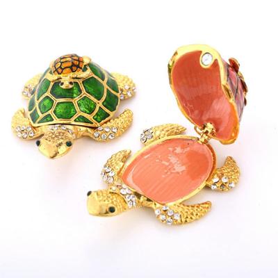 Crystals Bejeweled Turtle Trinket Box Hinged Enameled Mother-Child Tortoise Animal Figurine Jewelry Ring Holder Box Home Decor