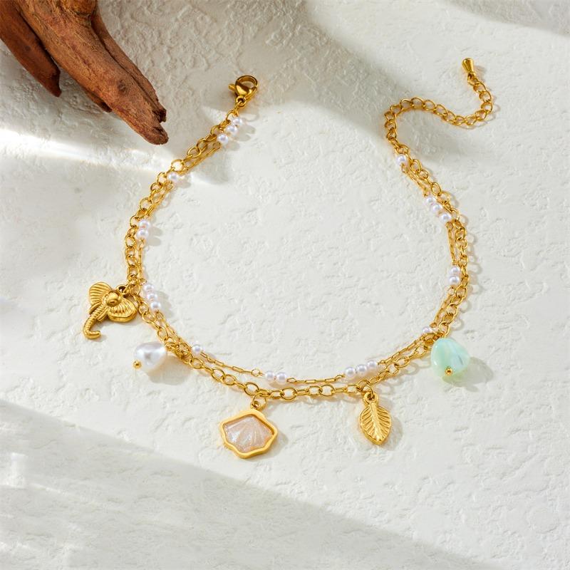 Gold Double-layer Elephant and Leaf Charm Anklet with Pearls