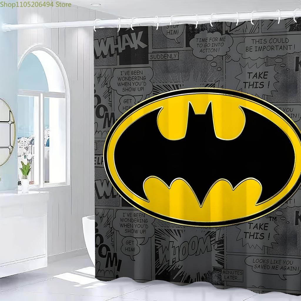 Warner 1pc Cartoon Print Shower Curtain | Batman Logo - Privacy Bath Curtain, Home Partition Door Curtain, Bathroom Divider Cu