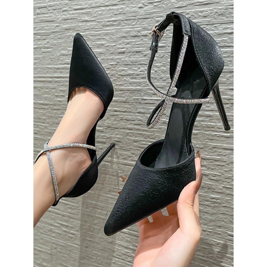 2025 new summer high heels women's stiletto temperament socialite cross buckle strap one word with pointed rhinestone sandals